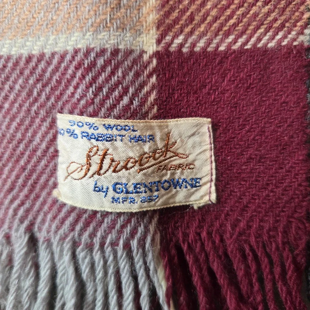Stroock by Glentowne Plaid Wool‎ Rabbit Hair Scarf Burgundy Tan Fringe